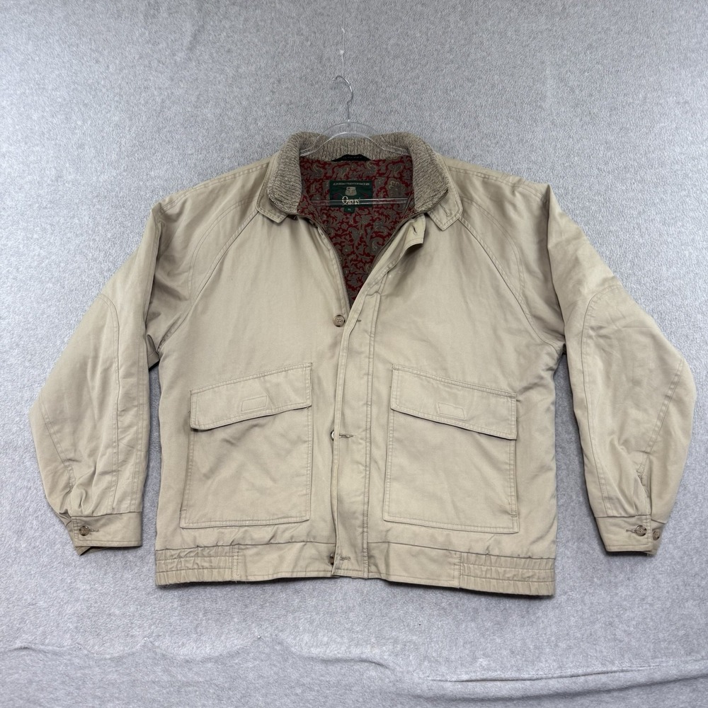 Vintage 80a ORVIS Mens XL Jacket Tan Paisley Lining Full Zip Bomber Wool Collar